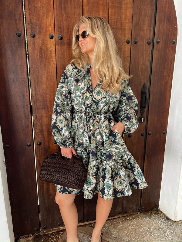 Rah Oslo -  Short Dress w/belt - Blue Paisley Print 